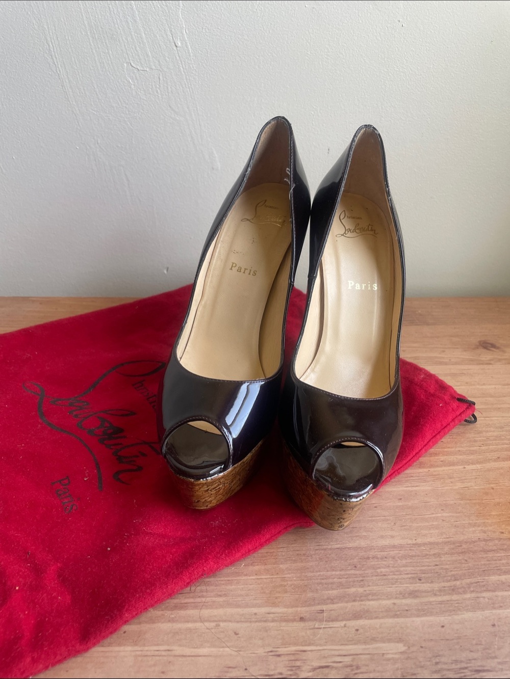 Christian Louboutin Black Patent Peep-Toe Cork Platform Heels